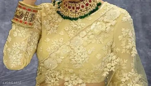New Yellow Soft Net Bollywood Design Chikankari Embroidery Saree with All Over Pearl Work for Women, 5.5-MTRS