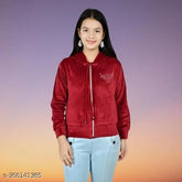 Velvet full sleeve winter sweatshirt & hoodie for girls (India), solid color with two lower front pockets