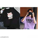 Cotton blend, oversized women's t-shirt combo pack (XXS, S, M, L, XL), stylish printed design on display