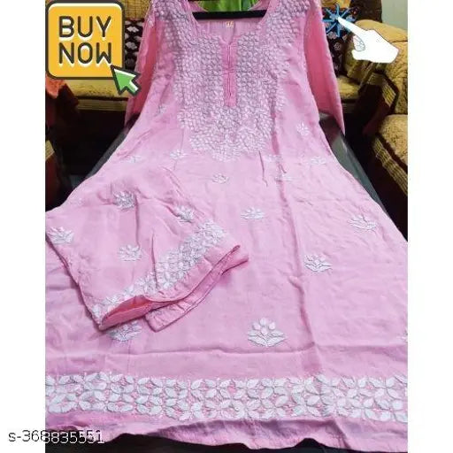 Rayon knee length Kurti set with embroidered net plazzo pants, three-quarter sleeves, 14 kg Rayon chikankari work set for women