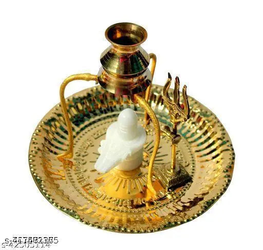 Pure white marble Shivlinga with Thali set & brass Kalash stand & Trishul - Indian puja ghar office decor item for spiritual worship