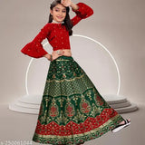 Green-Red Kids Nafiza Jute Cotton Lehenga & Jacquard Dupatta, three-quarter sleeves, floral stitch, Indian ethnic wear for 7-8 year old girls
