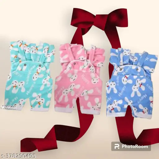 Wool winter dungarees set for baby boys and girls in printed net pattern, short sleeves, 3 pc combo from India