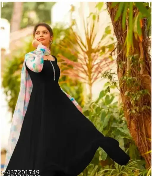 Black georgette gown, long sleeves, solid design, size XL from KPP West Wear India