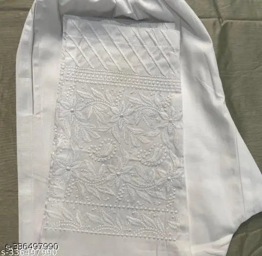 White embroidered Cotton Lycra pant for women, side pocket. M: 34in/37in, L: 36in/37in, XL: 38in/37in, XXL: 40in/37in. Indian Chikankari design
