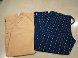 Navy blue and cream printed cotton pant set, two pieces in sizes XS-XXL, Indian origin