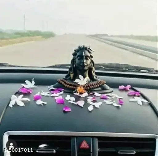 Black Rudraksha Mala and Adiyogi Shiva Statue for car dashboards and home/office decor, Indian religious idols