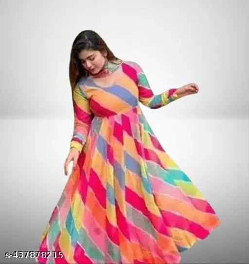 Designer printed striped Georgette leheriya anarkali gown set, full sleeve casual western dress for girls, India origin