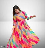 Designer printed striped Georgette leheriya anarkali gown set, full sleeve casual western dress for girls, India origin