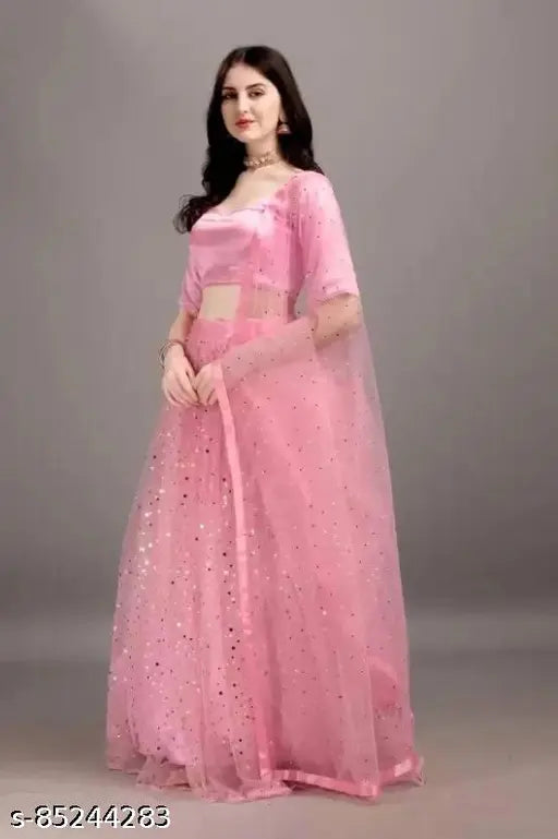 Silk & net embroidered Lehenga-choli with lace Dupatta, Indian Pari work, free size, 44in waist, 44in length, 2m dupatta length