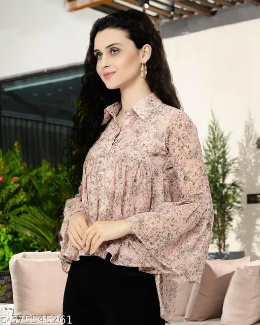 Georgette three-quarter sleeve printed summer top set in XL (42in bust), Indian-made women's combo top on lowest price