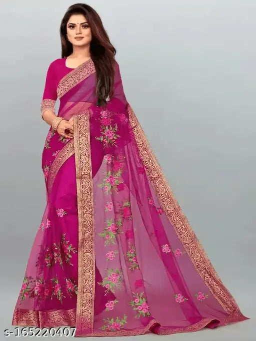 Purple net saree with embroidered blouse, Indian hand-embroidery on free size fancy sari (5.5m x 0.8m)