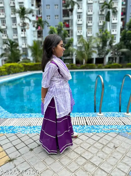 Purple Shibori print Mulmul dupatta skirt-top in cotton, Indian traditional ethnic wear for toddlers and kids, above knee length with three-quarter sleeves