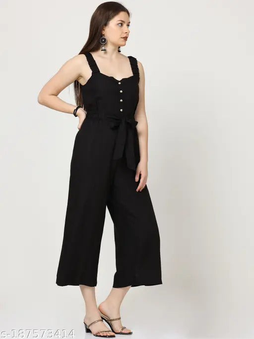 Black cotton blend sleeveless maxi jumpsuit, stylish and comfortable for casual-party wear, suitable for various climates