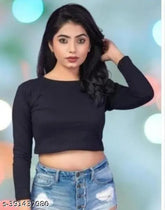 Black cotton crop top with full sleeves for women & girls - comfortable, trendy, and snug fit casual wear