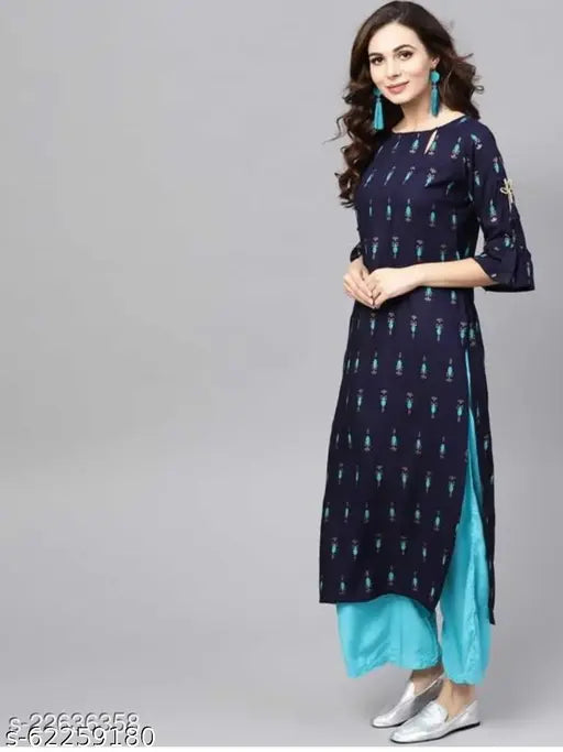 Rayon printed kurta plazzo set, three-quarter sleeves, India-made, sophisticated women's fashion for any day