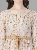 Women's floral printed fit-flared cotton kurti with three-quarter sleeves, embroidered detailing. Ideal for office, parties, outings, and weekend get-togethers. Available in multiple sizes: M, L, XL, XXL, XXXL. Grey color kurti for women
