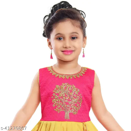 Yellow embroidered satin sleeveless frock for girls partywear, intricate floral design, high-quality satin fabric, ideal for special occasions