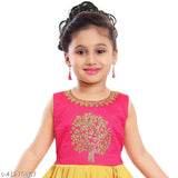 Yellow embroidered satin sleeveless frock for girls partywear, intricate floral design, high-quality satin fabric, ideal for special occasions