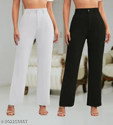 Trendy white-black cotton blend regular fit trousers, combo pack of 2 (sizes: 26, 28, 30, 32, 34) - women's casual pants with ankle length and elastic waistband, made in India