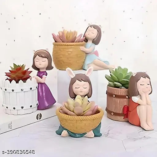 Cute basket girl resin succulent pots (4pcs), trendy handicraft, 12x8x11cm, ideal for indoor/outdoor plants