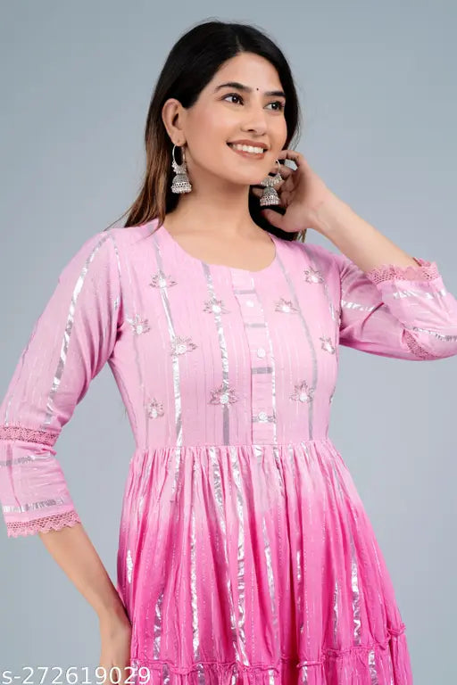 Pink color cotton lurex ombre dyed flared tiered dress, hand-worked yoke, three-quarter sleeves