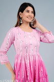 Pink color cotton lurex ombre dyed flared tiered dress, hand-worked yoke, three-quarter sleeves