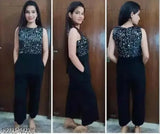 Sleeveless, embellished net Lycra jumpsuit with sequins, high-quality imported fabric, India-made