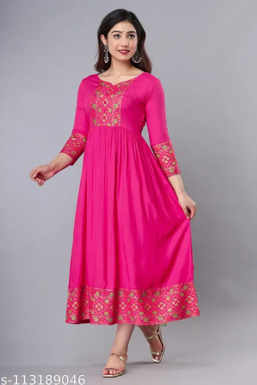 Pink rayon anarkali kurti for women, single-colored with gold prints & multi-color border