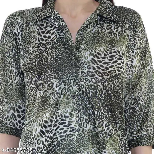 Green animal print satin & polycotton pyjama set, women's three-quarter sleeve sleepwear with Indian origin