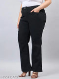 Black plus size women's boot cut jeans with high rise and stretchable fabric, made in India
