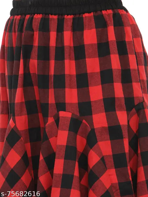 Red cotton checkered short skirt, elastic closure for women, casual wear, Hive91 brand