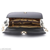 Black faux leather crossbody bag, modern colorblock design with one compartment. Free size (L7 x W6 x H3 inches). Made in India