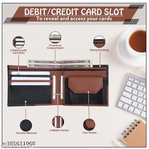 Faux leather Men's square ATM wallet, colorblock design with 5 card slots, coin pocket, and secret compartments. High-quality PU leather, made in India