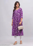 Purple rayon anarkali kurti with printed embroidery, three-quarter sleeves for women on mannequin