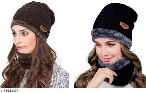 Brown and black woolen beanie caps (pack of 2) - soft, textured winter warmers perfect for cold weather