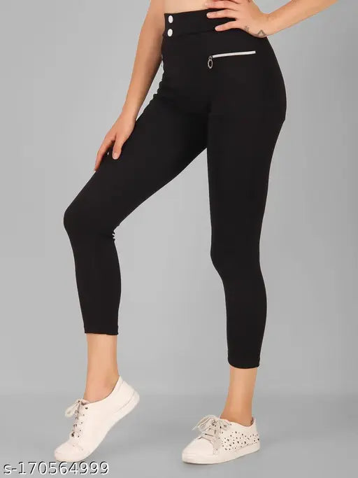 Solid black stylish pocket jegging for women and girls, polyester material with front pockets