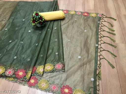 Designer floral embroidered silicon net saree with tassels, art silk unstitched blouse piece for parties, weddings, receptions, festive events