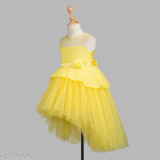 Yellow sleeveless net embellished dress for girls aged 1-2 years, Indian-made Toy Balloon hi-low party wear