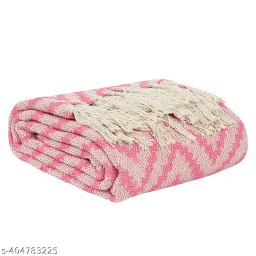 Pink 100% cotton single-layer stitched weave throw blanket, soft, plush, warm, and cozy (50 x 60 inches). Classic striped design with decorative fringe for rustic vintage or distressed look, perfect for couch, bed, chair, or as a gift