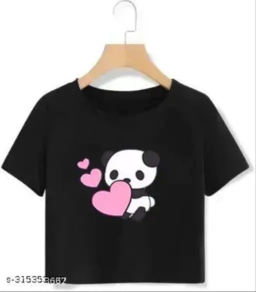 Black love panda print crop top, full sleeve design for girls. Cotton blend material, half sleeves, perfect for casual wear." (106 characters)