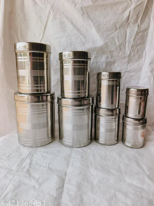Stainless steel vertical canister set of 8pcs, featuring 350ML, 500ML, 700ML, 900ML, 1.25Ltr, 1.6Ltr, 2.2Ltr, 2.9Ltr in silver, ideal for food storage and pantry organization
