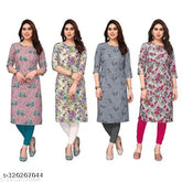Printed crepe straight kurti combo (4pc) in American crepe, suitable for casual or formal occasions. Three-quarter sleeve design with 42" length