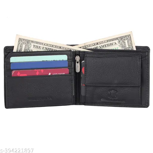 Black genuine leather RFID-protected men's wallet with 5 compartments and compact size