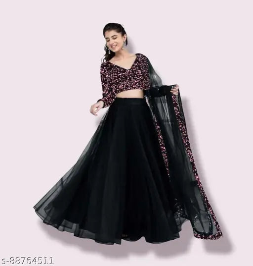 Velvet embroidered Lahengha with heavy net dupatta, intricate sequin work and lace border, semi-stitched to 44 inches, India origin