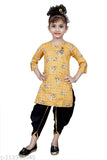 Mustard yellow designer checked Patiala suit for girls, cotton silk fabric, knee length anarkali top and patiala bottom, perfect for festive parties. Indian ethnic kids wear from RK Collection, sizes range from 3-4 to 8-9 years