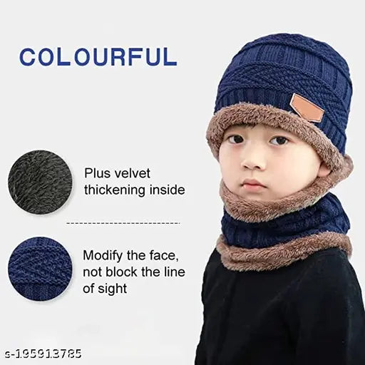 Woolen combo pack of 2 winter neck muffs (CAP+NECK MUFF), unisex design for kids boys & girls, fur-lined beanie with chunky knit pattern