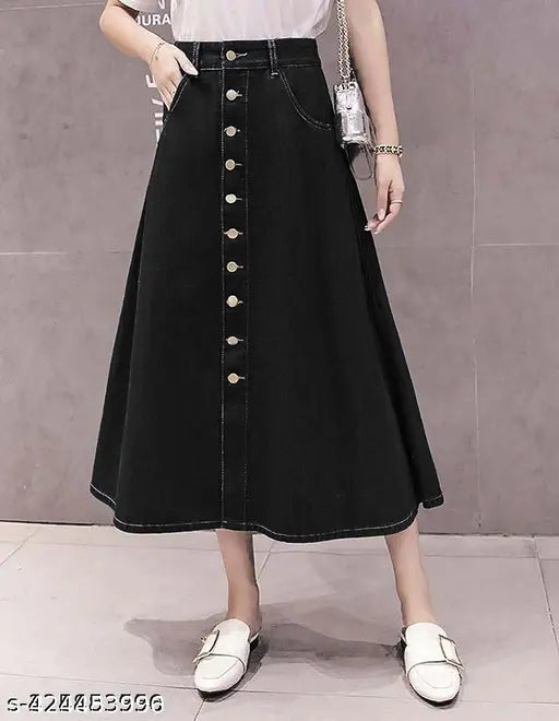 Black denim maxi A-line skirt, lightweight & breathable, trendy and fits all body types. Denim skirt for women with sizes from 26 to 46 inches. Made in India