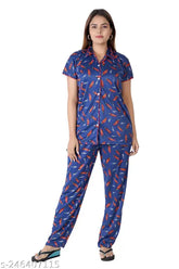 Stylish free-size printed satin Sarina nighty suit set, soft and premium quality satin pajamas with short sleeves, perfect for ultimate comfort and sensual look