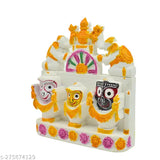 Marble sculpture of Lord Jagannath, Balaram, and Subhadra for spiritual home decor. Handcrafted Indian murti set of 11cm x 12.5cm x 2.5cm depicting Krishna avatar